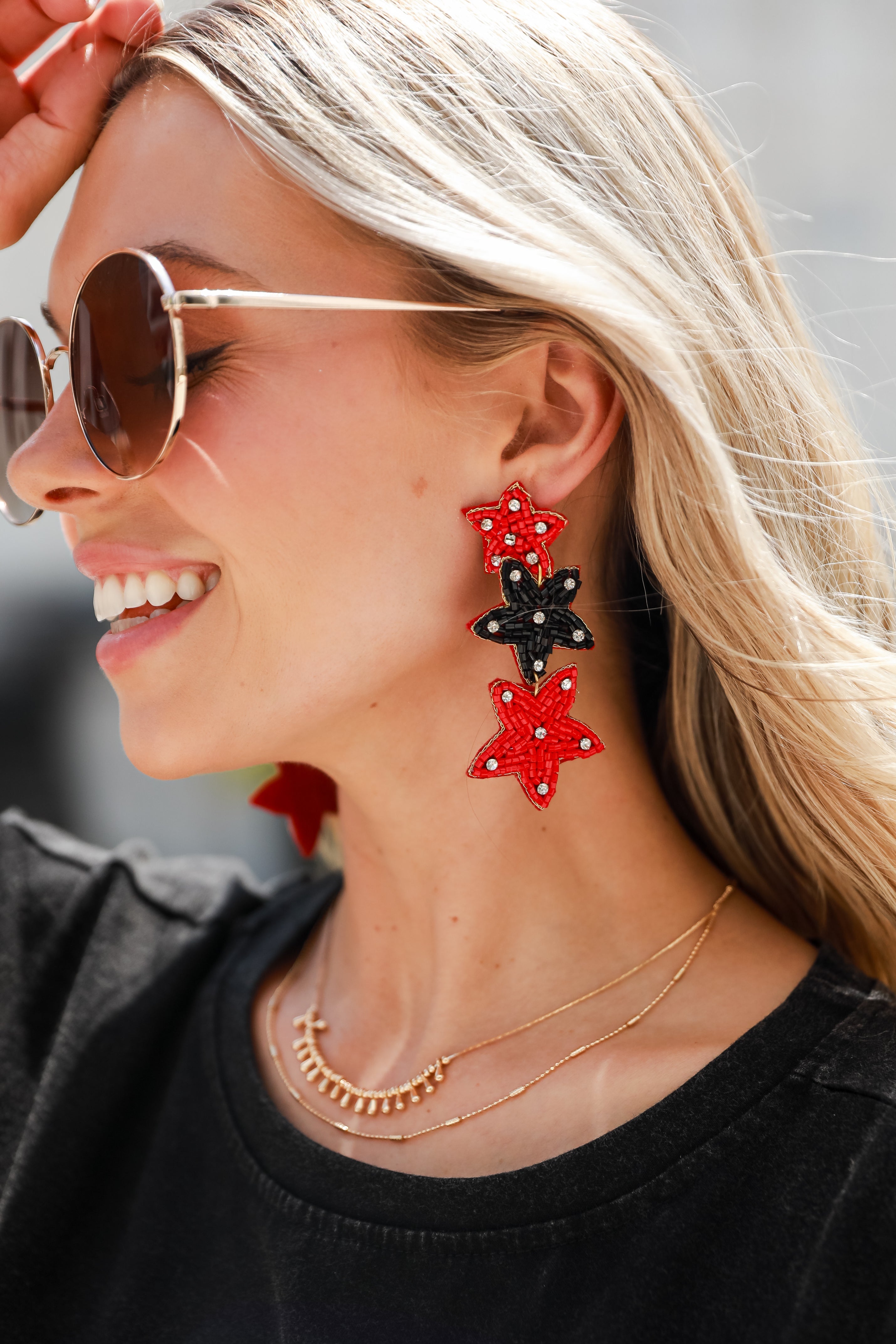 Red + Black Beaded Star Drop Earrings