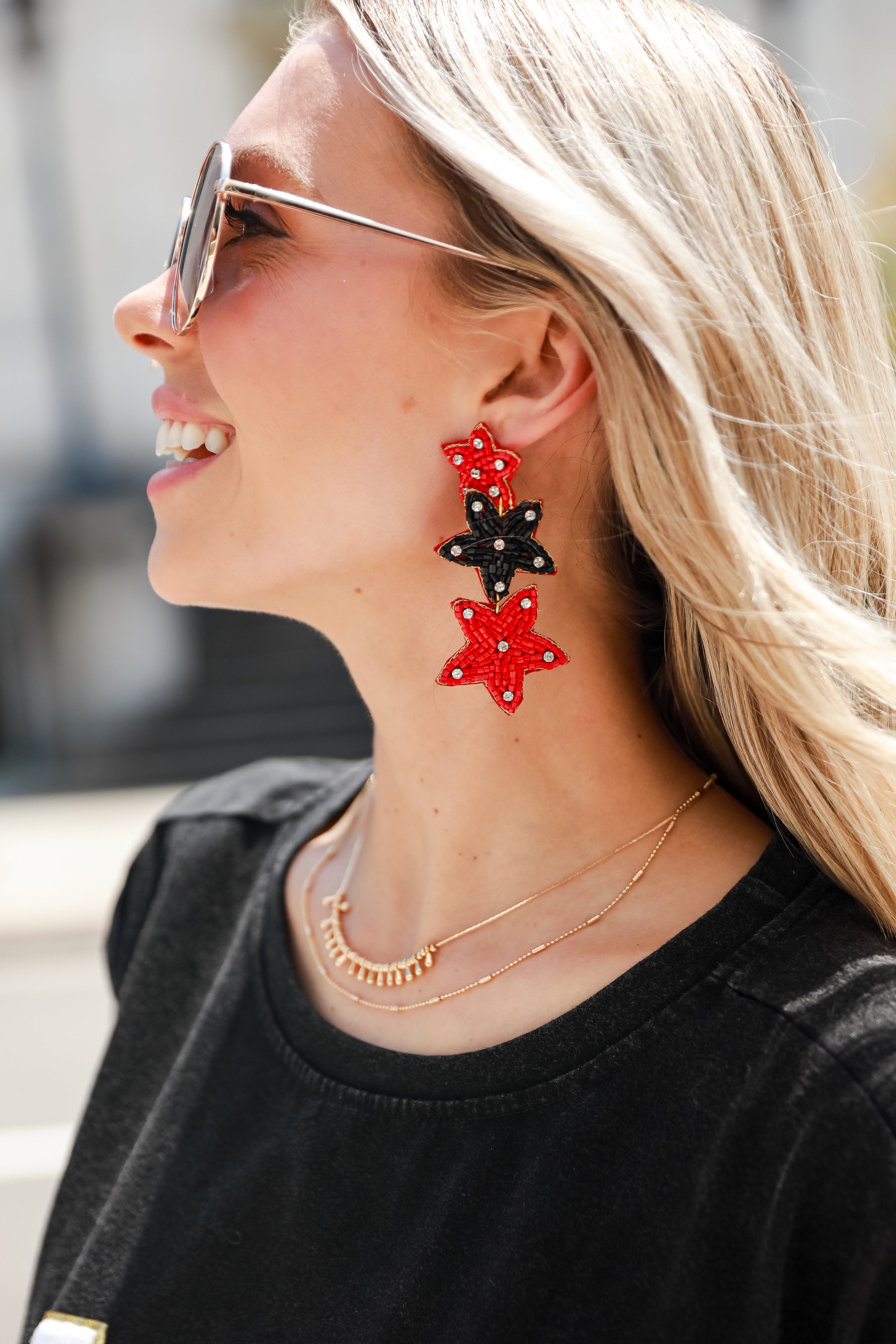 Red + Black Beaded Star Drop Earrings
