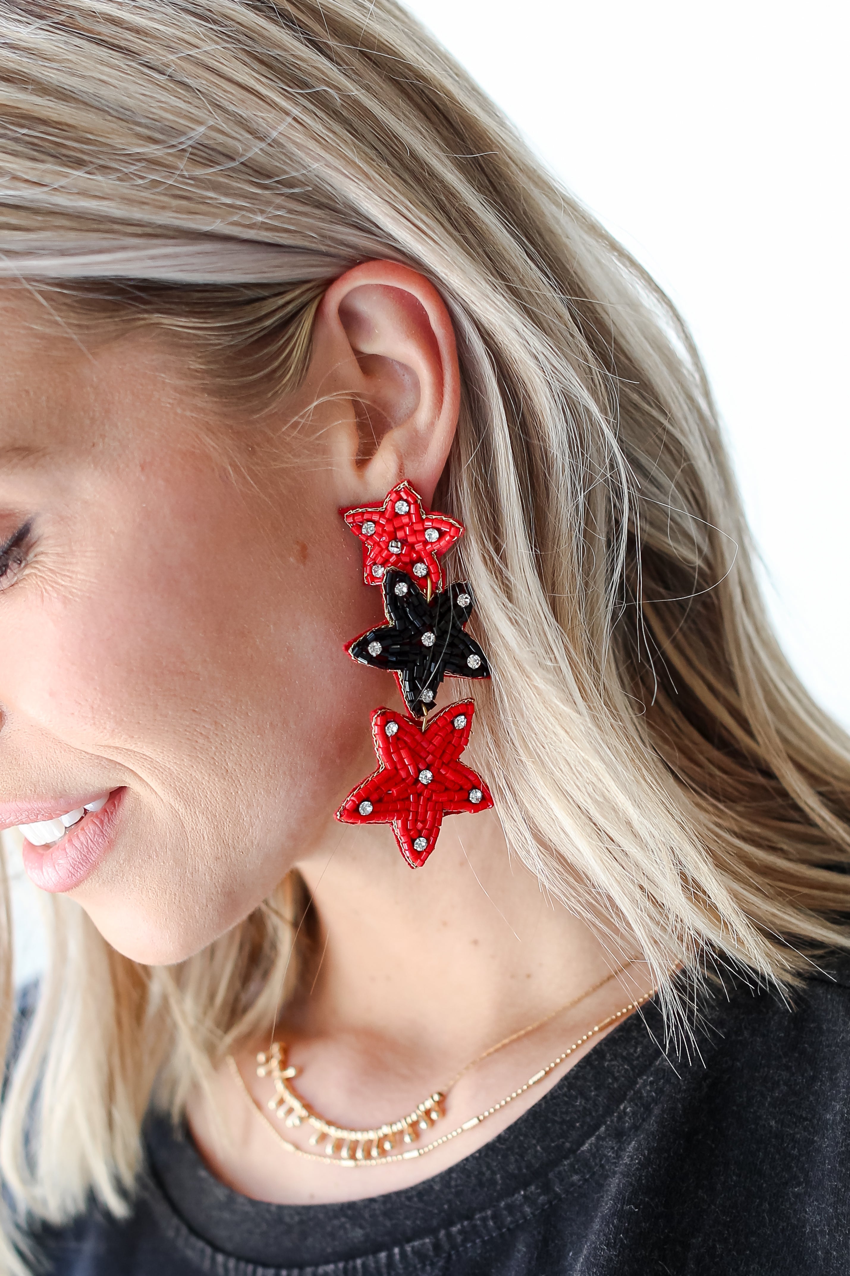 Red + Black Beaded Star Drop Earrings