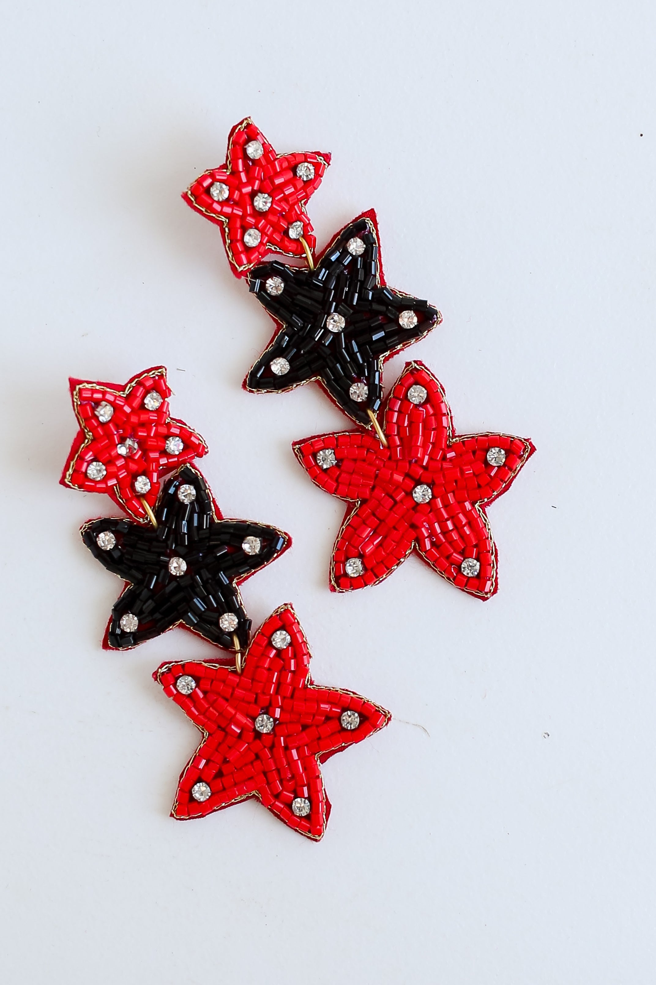 Red + Black Beaded Star Drop Earrings