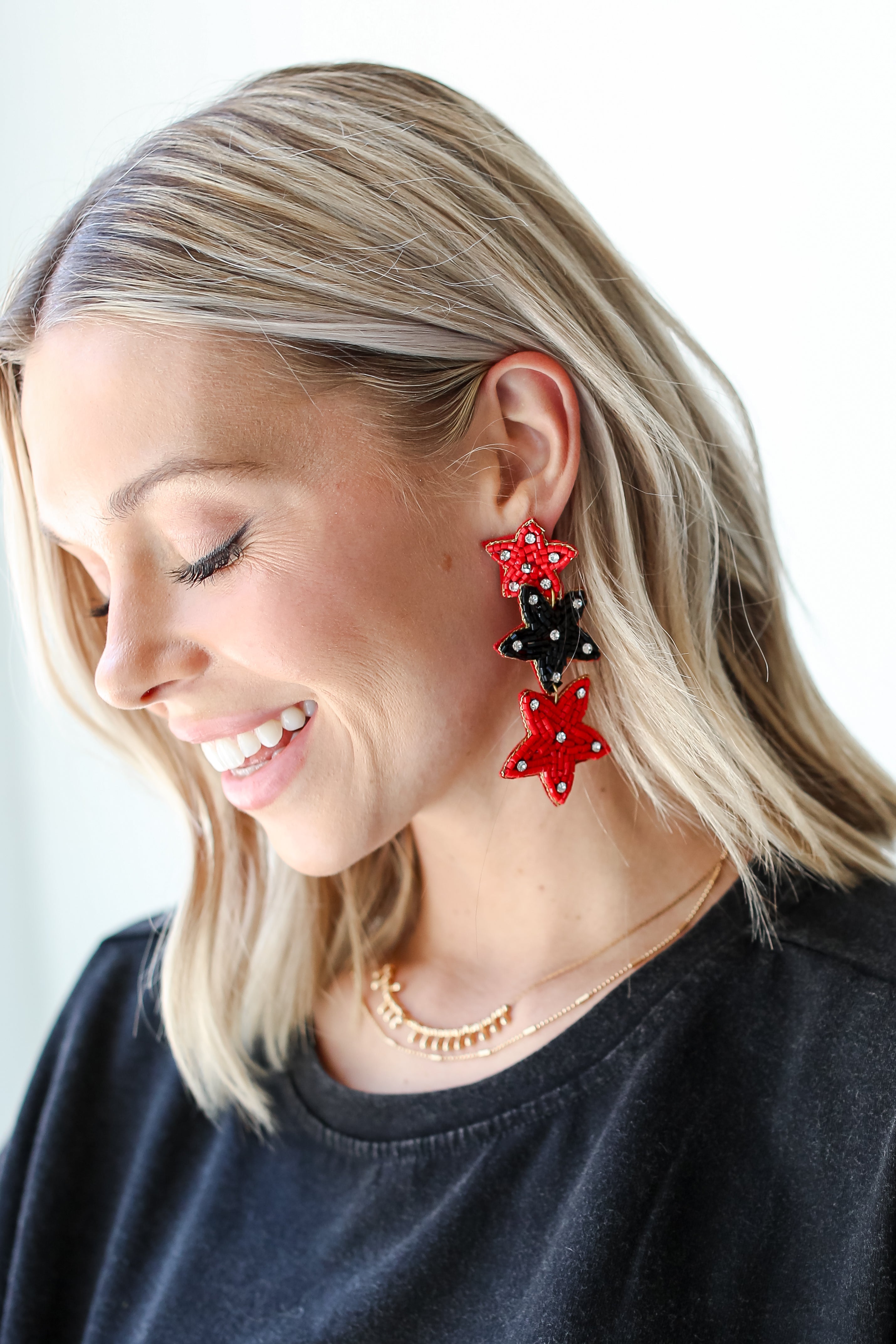Red + Black Beaded Star Drop Earrings